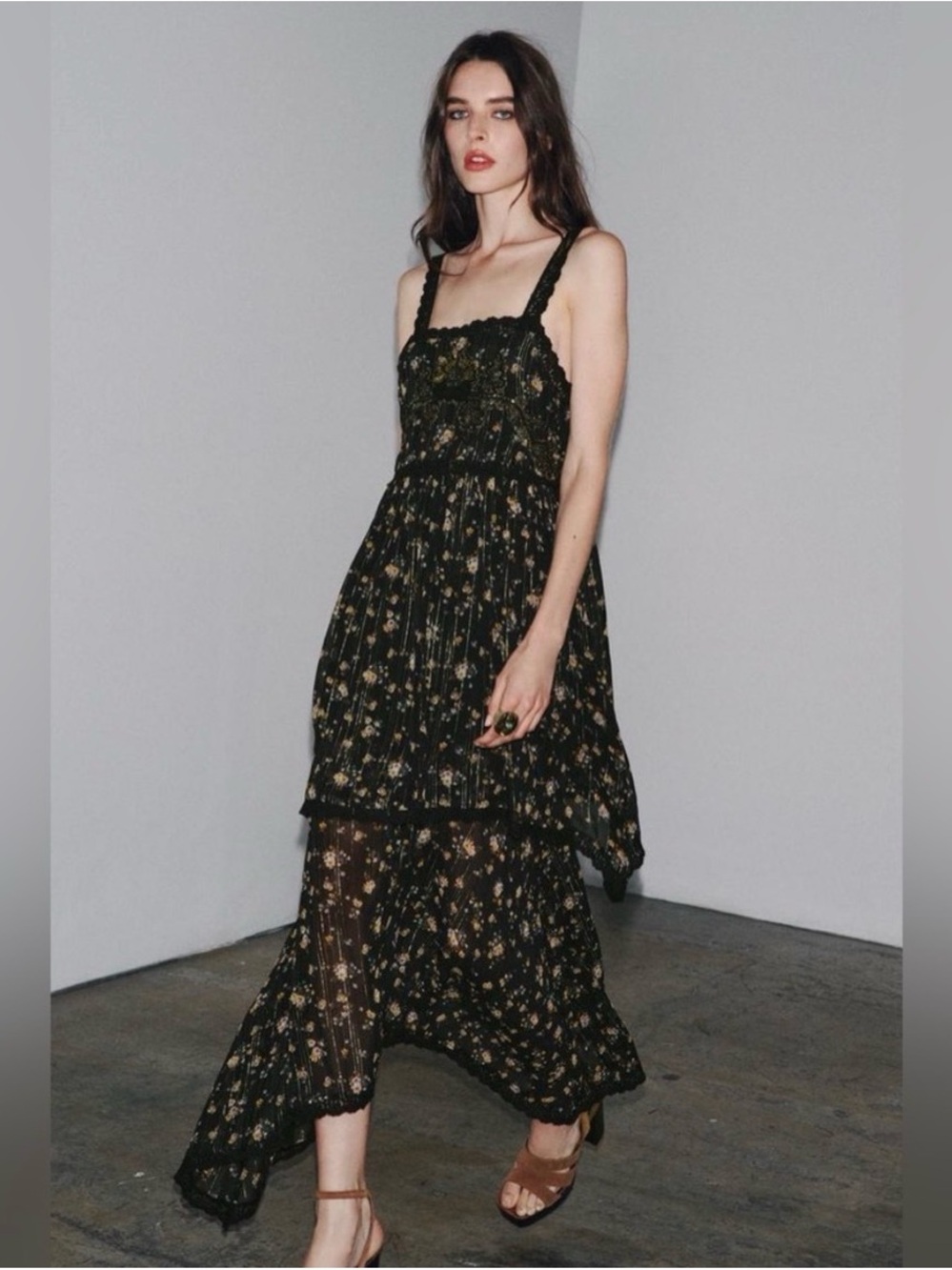 ZARA COLLECTION Black Floral Maxi Dress with Lace Trim